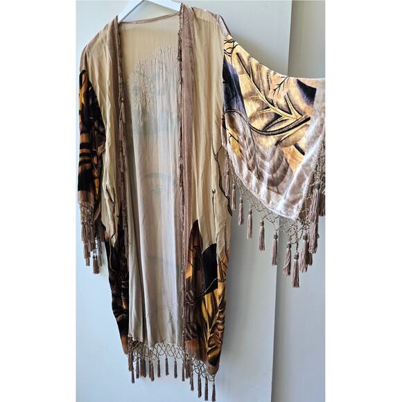 Frida Kahlo Vintage Silk Velvet Beaded Long Duster Kimono Cinco de Mayo One Size - Picture 6 of 16